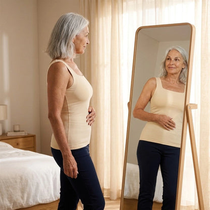 Mujer frente al espejo con la blusa color nude