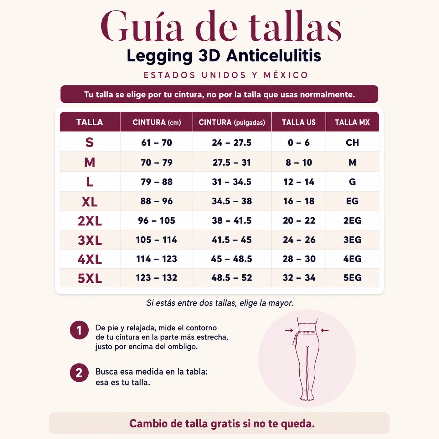 Guía de tallas del Legging 3D Anticelulitis para Estados Unidos y México: talla, cintura en centímetros y en pulgadas, talla US y talla MX.
