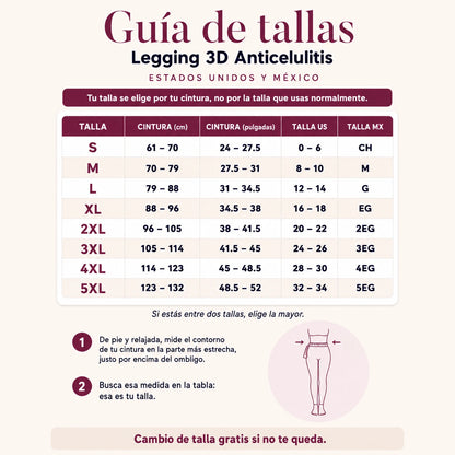 Guía de tallas del Legging 3D Anticelulitis para Estados Unidos y México: talla, cintura en centímetros y en pulgadas, talla US y talla MX.