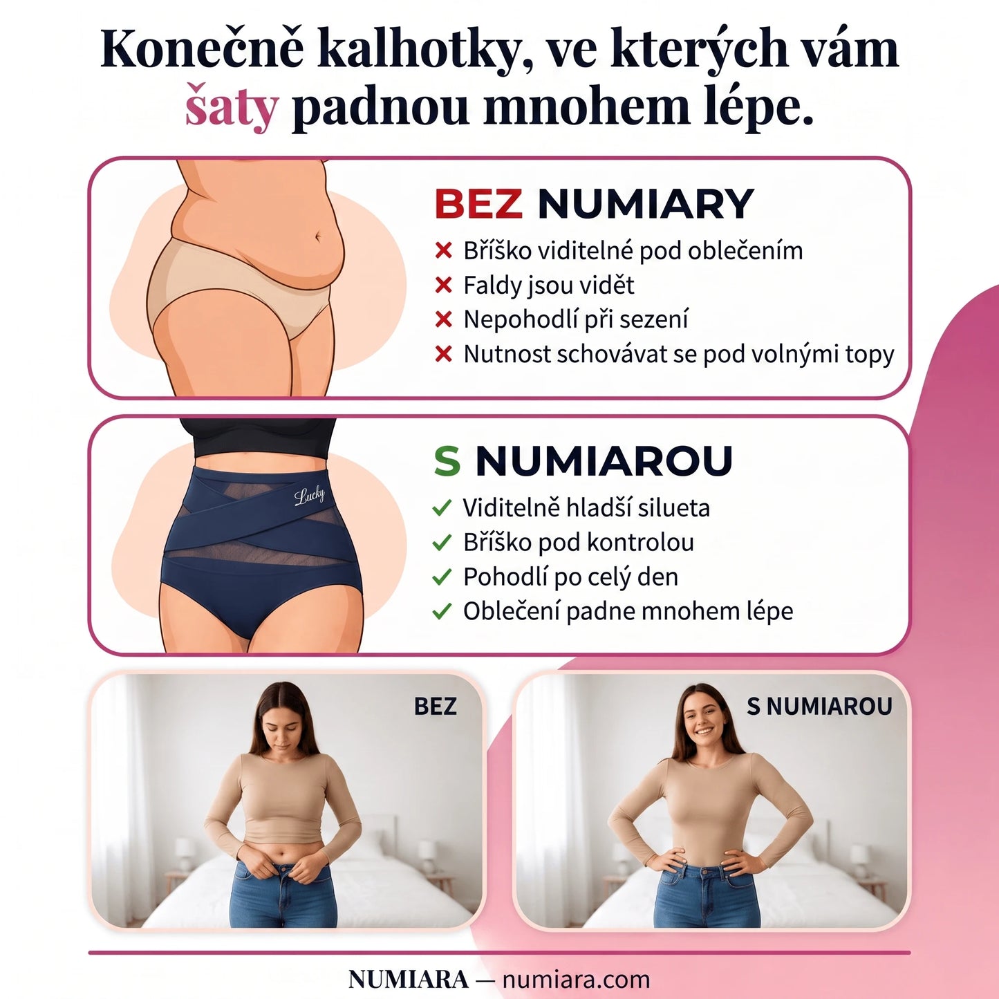 Bez Numiary vs. s Numiarou – srovnání siluety